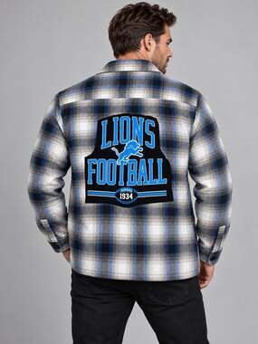 Edgar + Ash Mens M Upcycled Detroit Lions Plaid Flannel Shacket Quilted Lined
